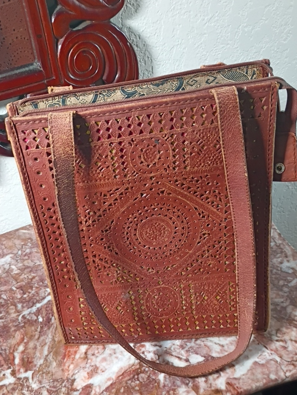 Hand-Tooled Leather Shoulder Bag in Rustic Brown